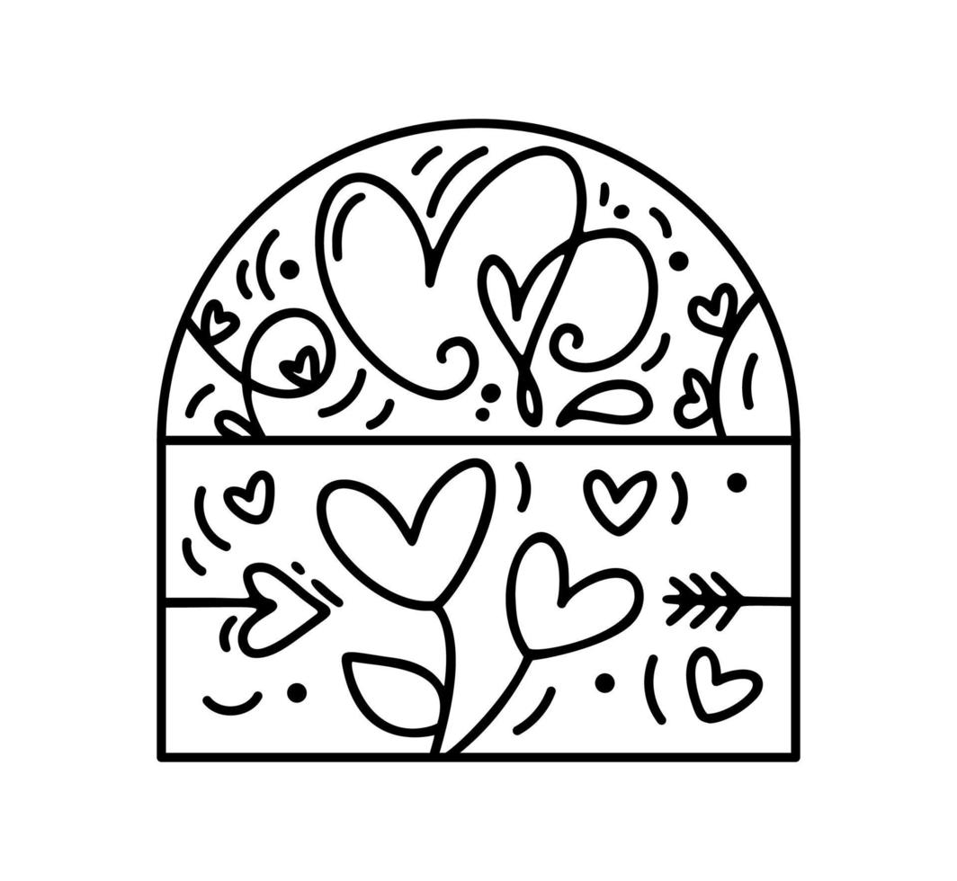 fleur de constructeur de composition de vecteur de valentine avec des feuilles et des coeurs. logo de vacances d'amour dessiné à la main dans un cadre demi-rond pour carte de voeux, invitation à la conception web