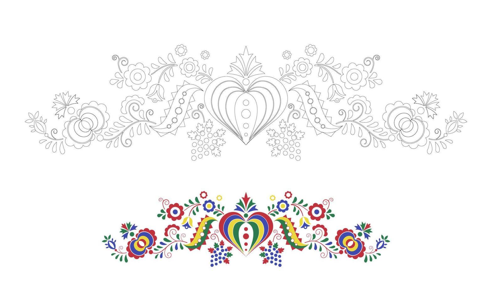 ornement folklorique traditionnel. motif tchèque de broderie florale. pages à colorier avec un modèle de couleur. symbole morave, slovaque et hongrois. illustration vectorielle vecteur