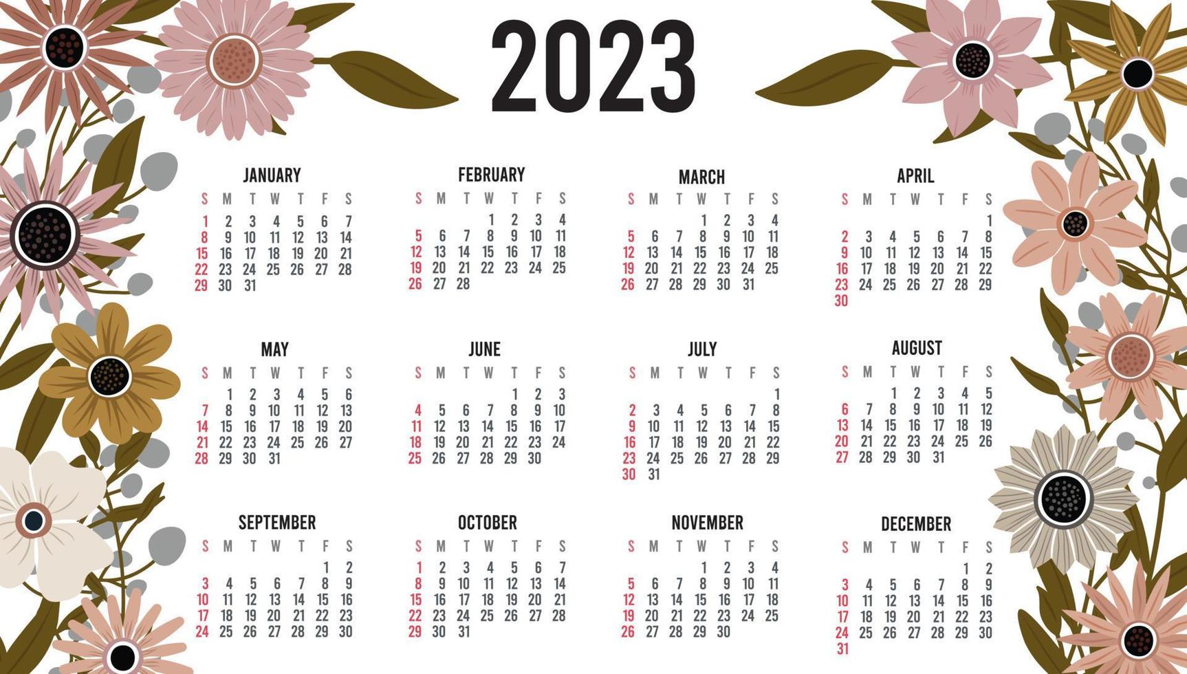 calendrier 2023 avec 12 mois. calendrier annuel du début de la semaine du dimanche. modèle de calendrier d'une seule page avec des plantes et des fleurs boho dessinées à la main. illustration vectorielle vecteur