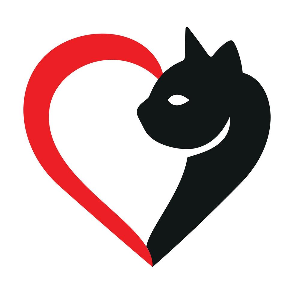 silhouete de chat avec forme coeur design plat logo vecteur isolé