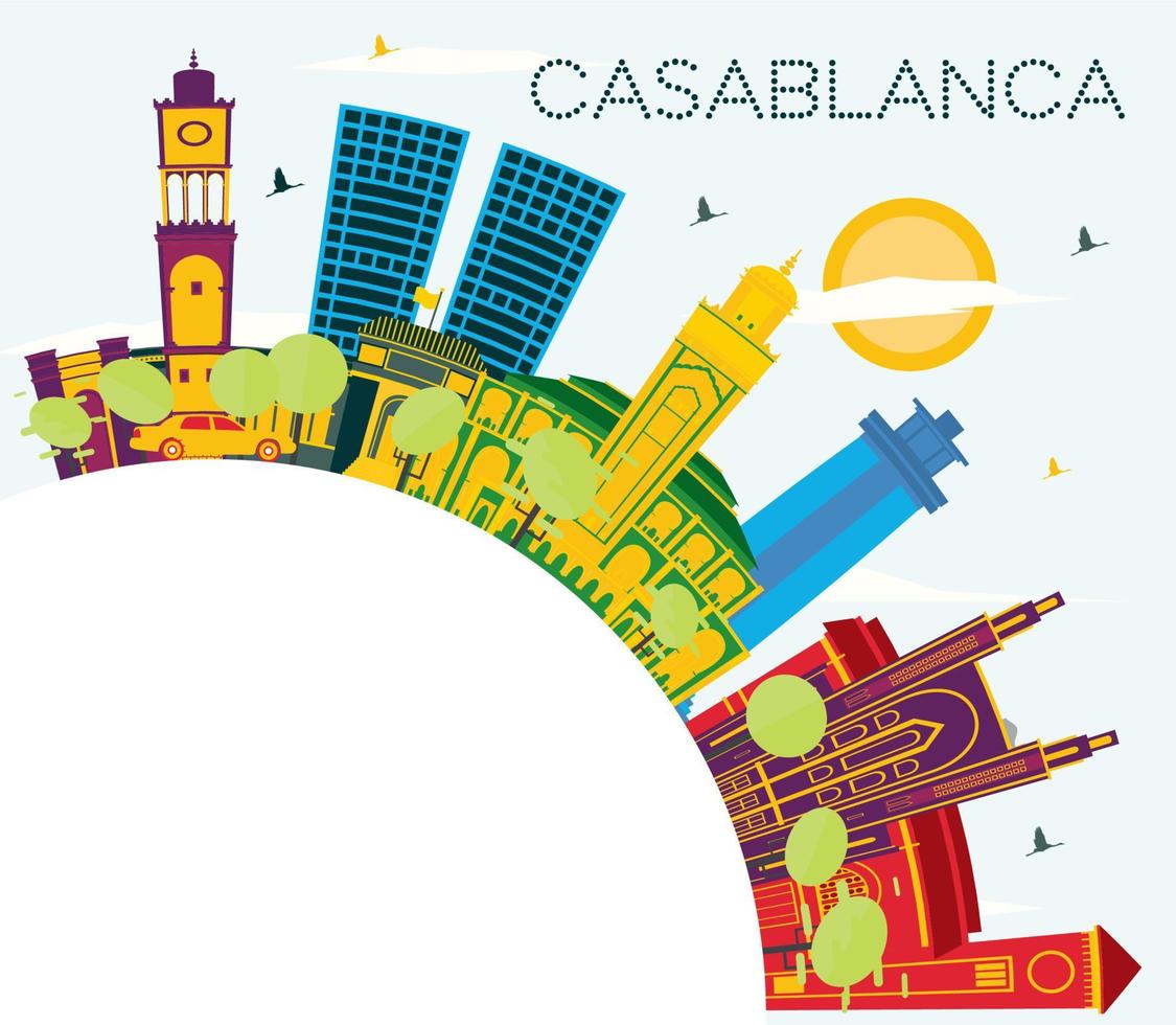 horizon de la ville de casablanca maroc avec bâtiments de couleur, ciel bleu et espace de copie. vecteur