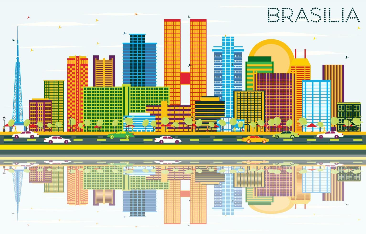 horizon de la ville de brasilia au brésil avec des bâtiments de couleur, un ciel bleu et des reflets. vecteur