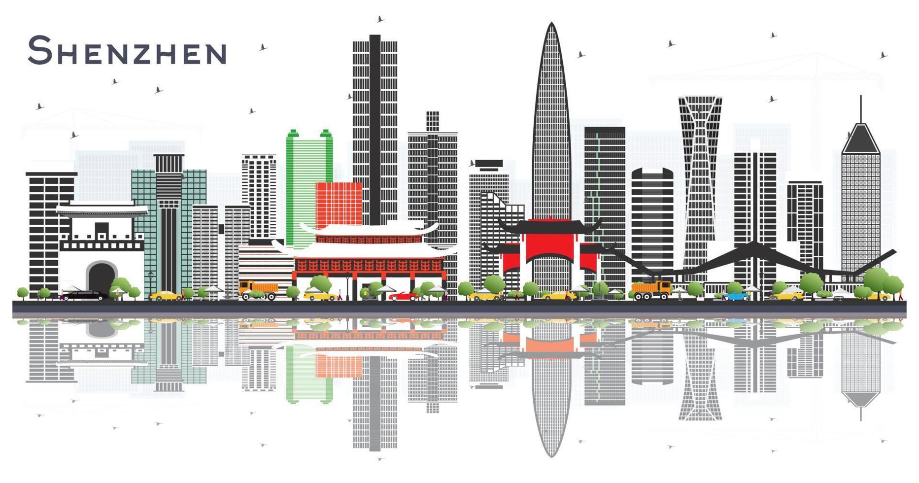 skyline de la ville de shenzhen en chine avec des bâtiments de couleur et des reflets isolés sur blanc. vecteur