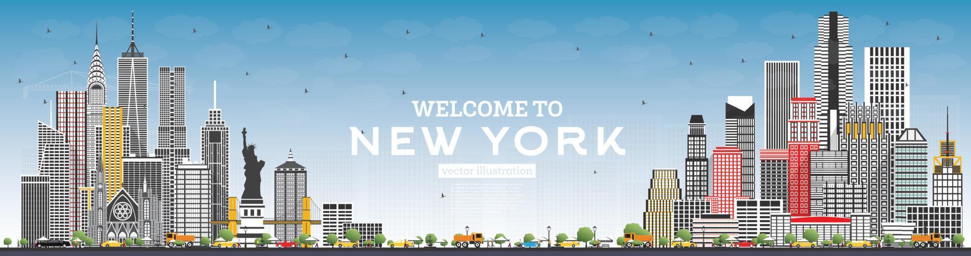 bienvenue à new york usa skyline avec des bâtiments gris et un ciel bleu. vecteur