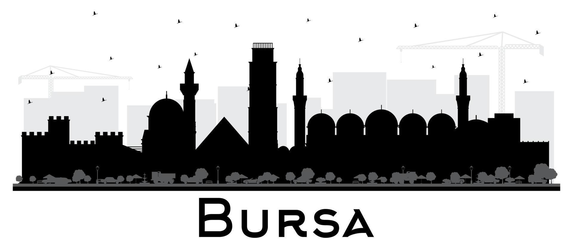 bursa turquie silhouette d'horizon de la ville avec des bâtiments noirs isolés sur blanc. vecteur