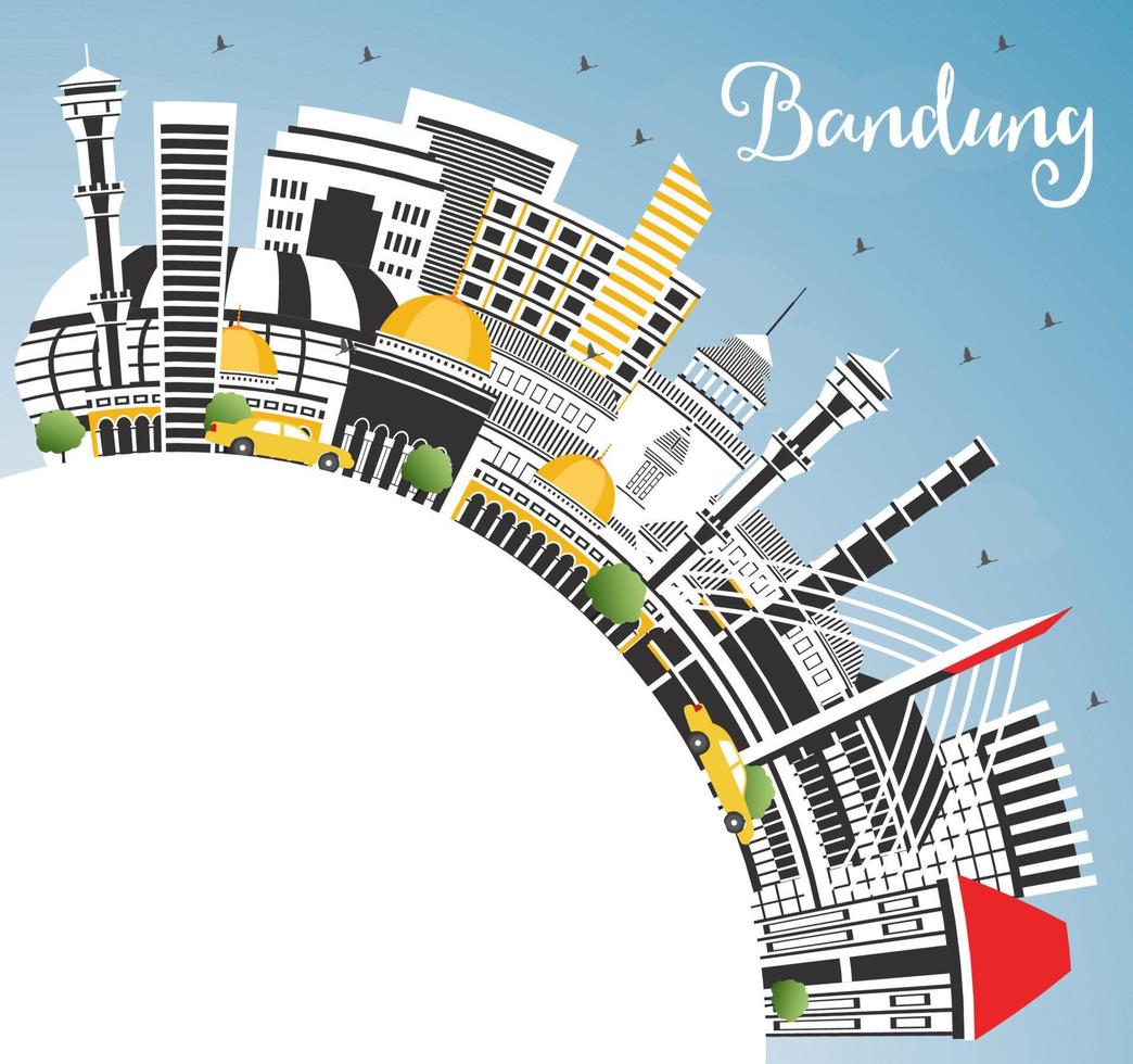 horizon de la ville de bandung indonésie avec bâtiments gris, ciel bleu et espace de copie. vecteur