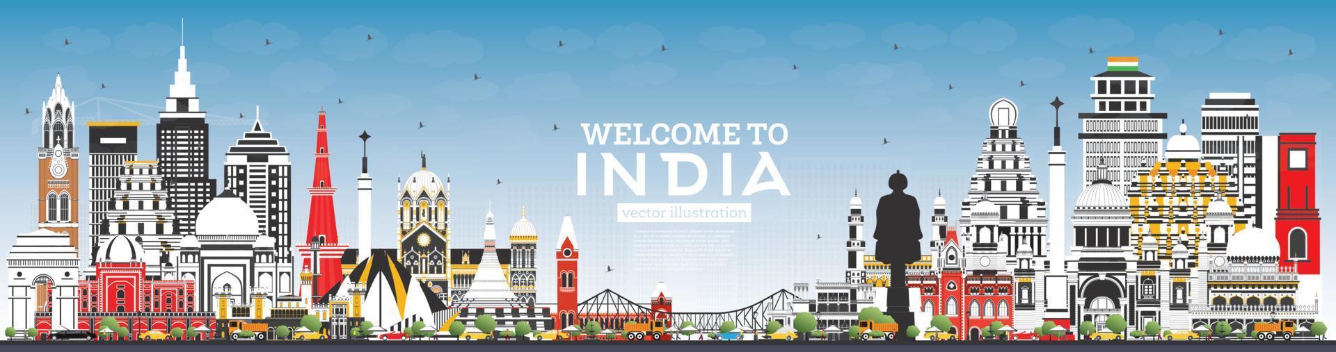 bienvenue à l'horizon de la ville indienne avec des bâtiments de couleur et un ciel bleu. vecteur