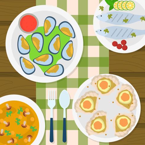 Plat Top Voir pétoncles et cuisine de fruits de mer Vector Illustration
