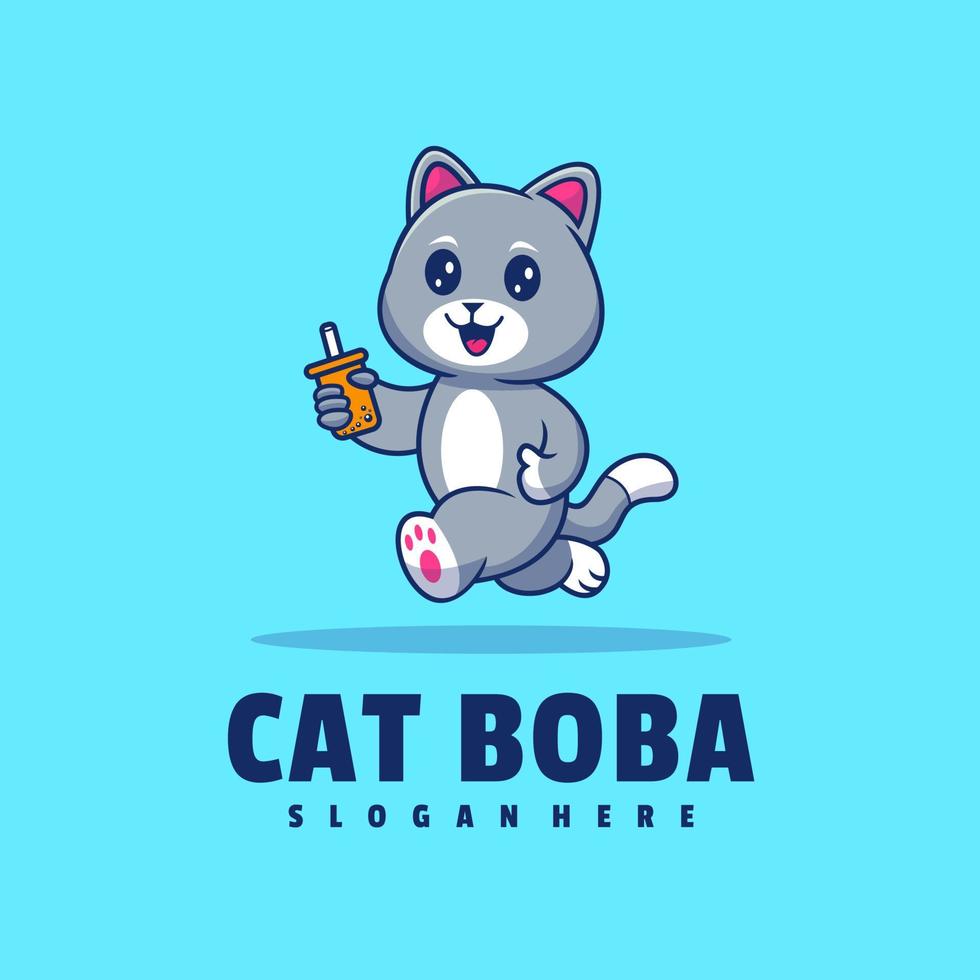 chat mignon avec modèle de logo de boisson boba vecteur