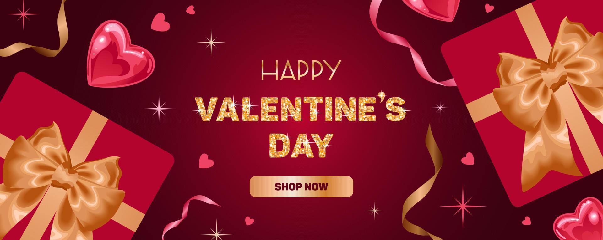 Joyeuse saint Valentin. bannière de vente lumineuse, style réaliste. Coeur scintillant. étoiles et rubans dorés, coffrets cadeaux. lettrage scintillant scintillant, confettis. pour la publicité, le site Web, l'affiche, le dépliant. vecteur