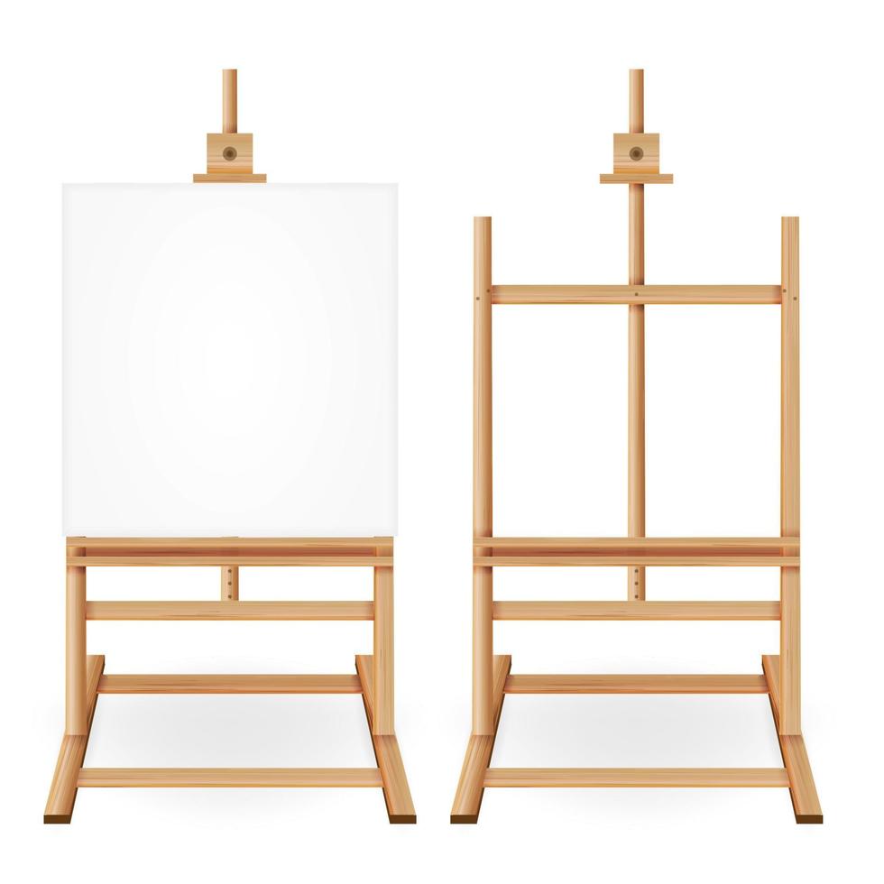 vecteur de bureau de peinture. chevalet en bois avec du papier blanc vide. isolé sur fond blanc. ensemble de bureau de peintre réaliste. dessin tableau blanc