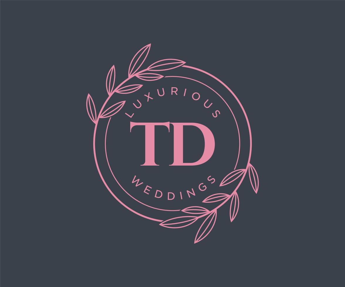 modèle de logos de monogramme de mariage lettre initiales td, modèles minimalistes et floraux modernes dessinés à la main pour cartes d'invitation, réservez la date, identité élégante. vecteur