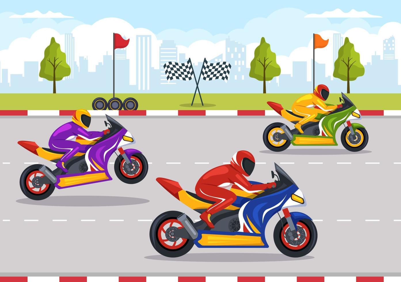 championnat de course de moto sur l'illustration de l'hippodrome avec moteur d'équitation de coureur pour la page d'atterrissage dans des modèles dessinés à la main de dessin animé plat vecteur