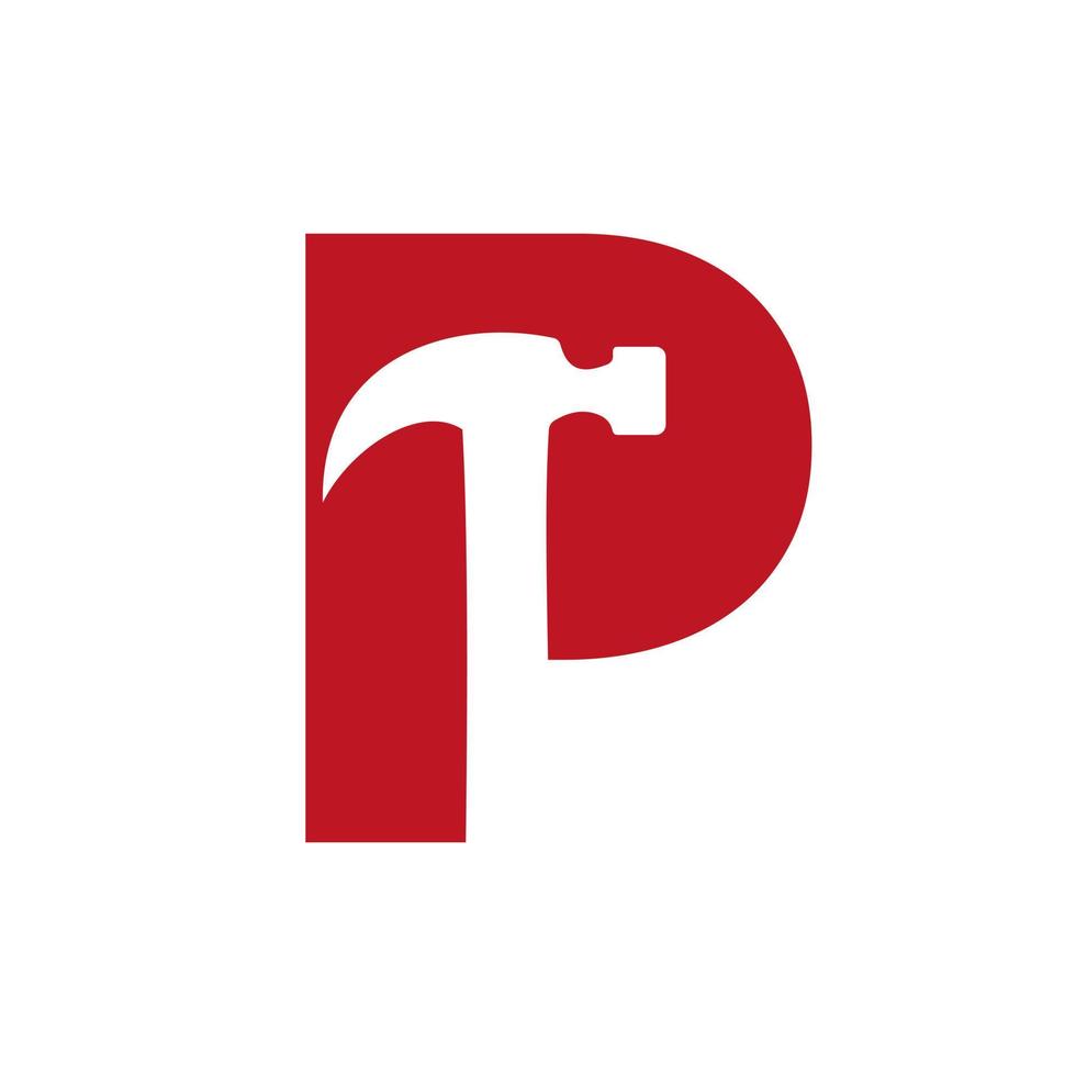 concept de logo de marteau lettre p pour la construction, modèle vectoriel de symbole de réparation d'entreprise de menuiserie