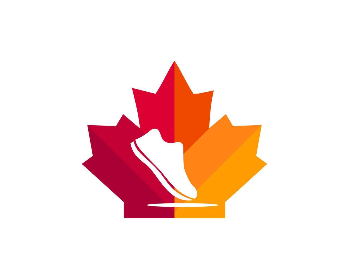 création de logo de chaussure d'érable. logo de la chaussure canadienne. feuille d'érable rouge avec vecteur de chaussure de course athlète