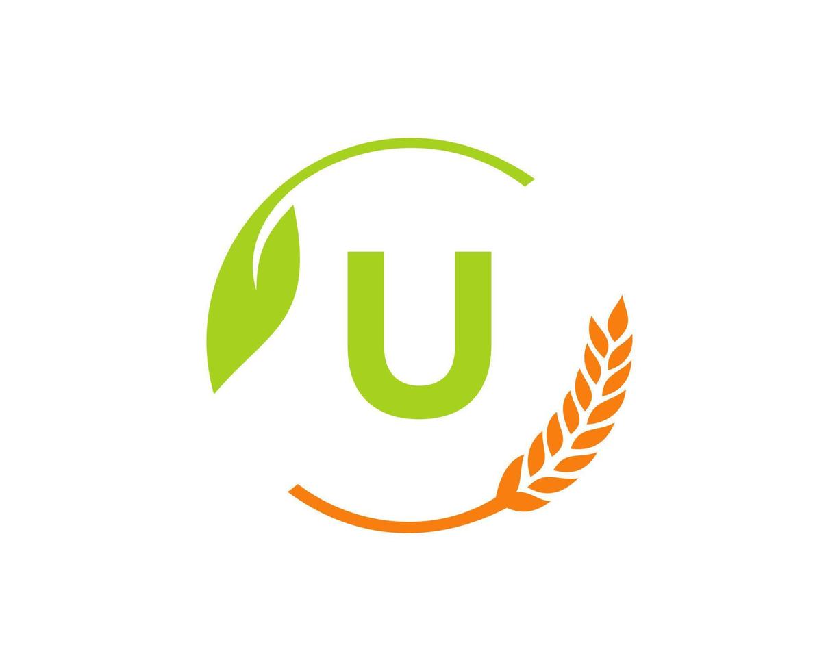 logo de l'agriculture sur le concept de lettre u. création de logo d'agriculture et d'élevage. agro-industrie, éco-ferme et conception de campagne rurale vecteur