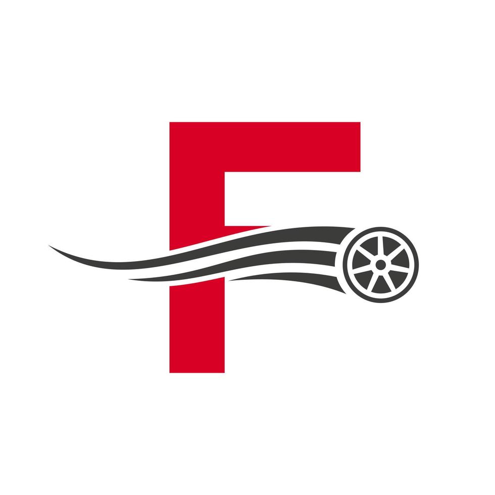 lettre de voiture de sport f concept de conception de logo de réparation de voiture automobile avec modèle vectoriel d'icône de pneu de transport
