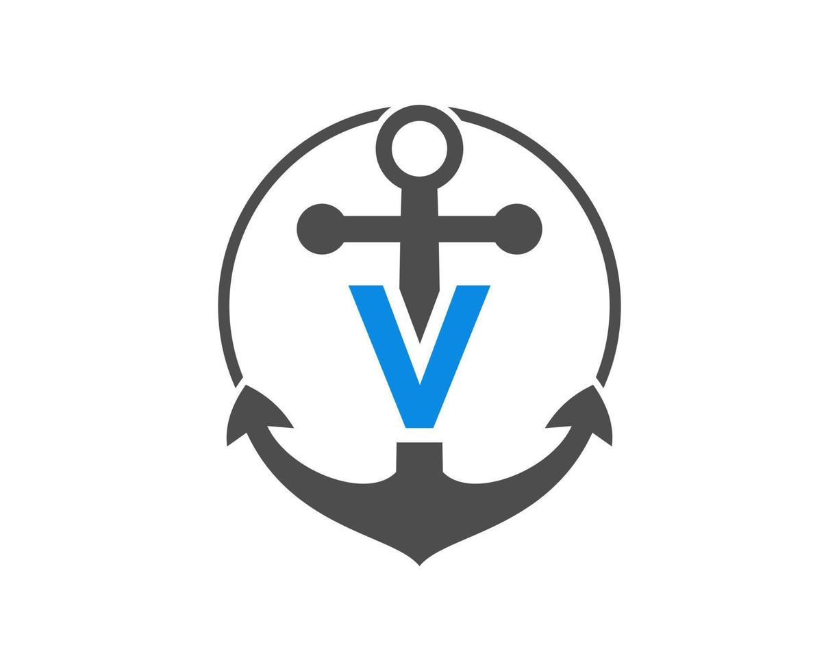 lettre initiale v logo d'ancre. marine, logo bateau à voile vecteur
