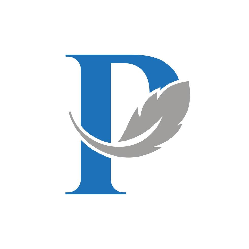 création de logo de plume de lettre p combinée avec du vin de plume d'oiseau pour avocat, symbole de la loi vecteur