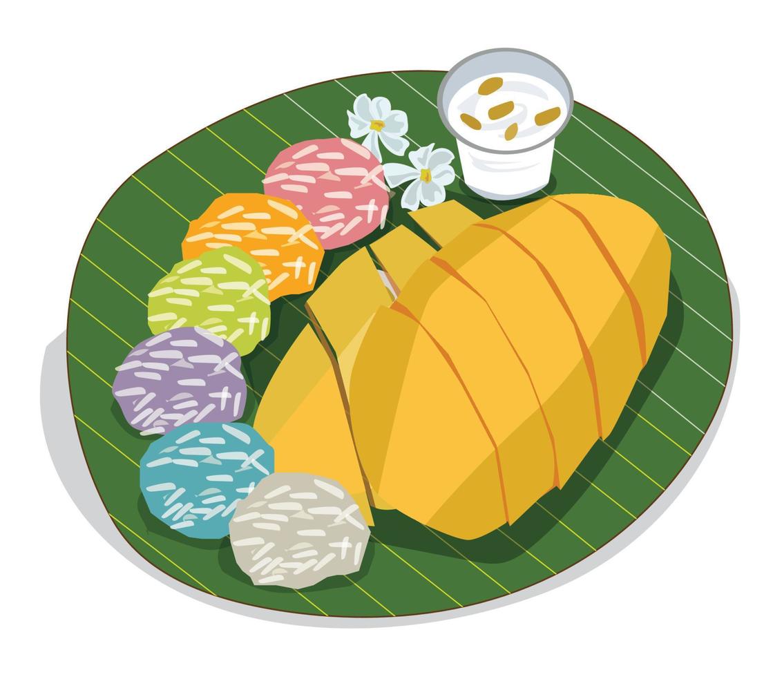 illustration vectorielle de dessert thaïlandais riz gluant à la mangue placé sur une feuille de bananier sur vecteur