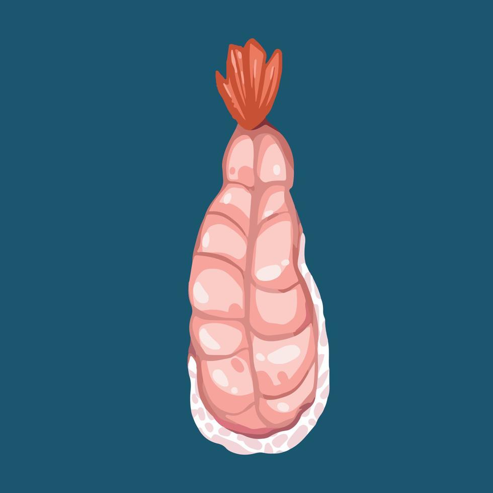 sushi nigiri aux crevettes. illustration vectorielle de cuisine japonaise isolée sur fond bleu. dessin de cuisine avec un style et des couleurs d'art plat simple de dessin animé. vecteur