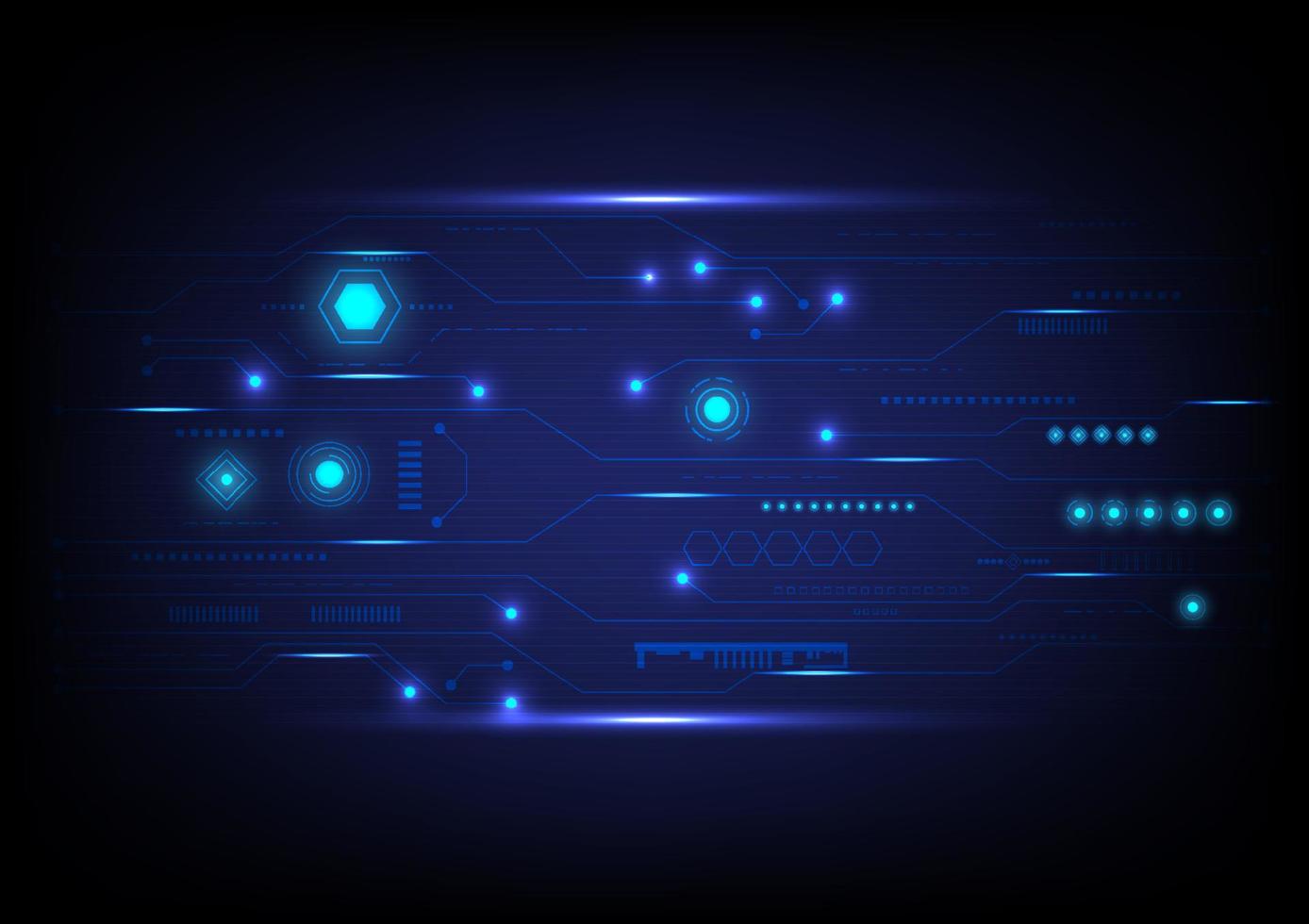 arrière-plan abstrait de la technologie de pointe de nombreuses formes géométriques avec des motifs de circuit brillent sur les lignes horizontales. sur un fond dégradé bleu vecteur