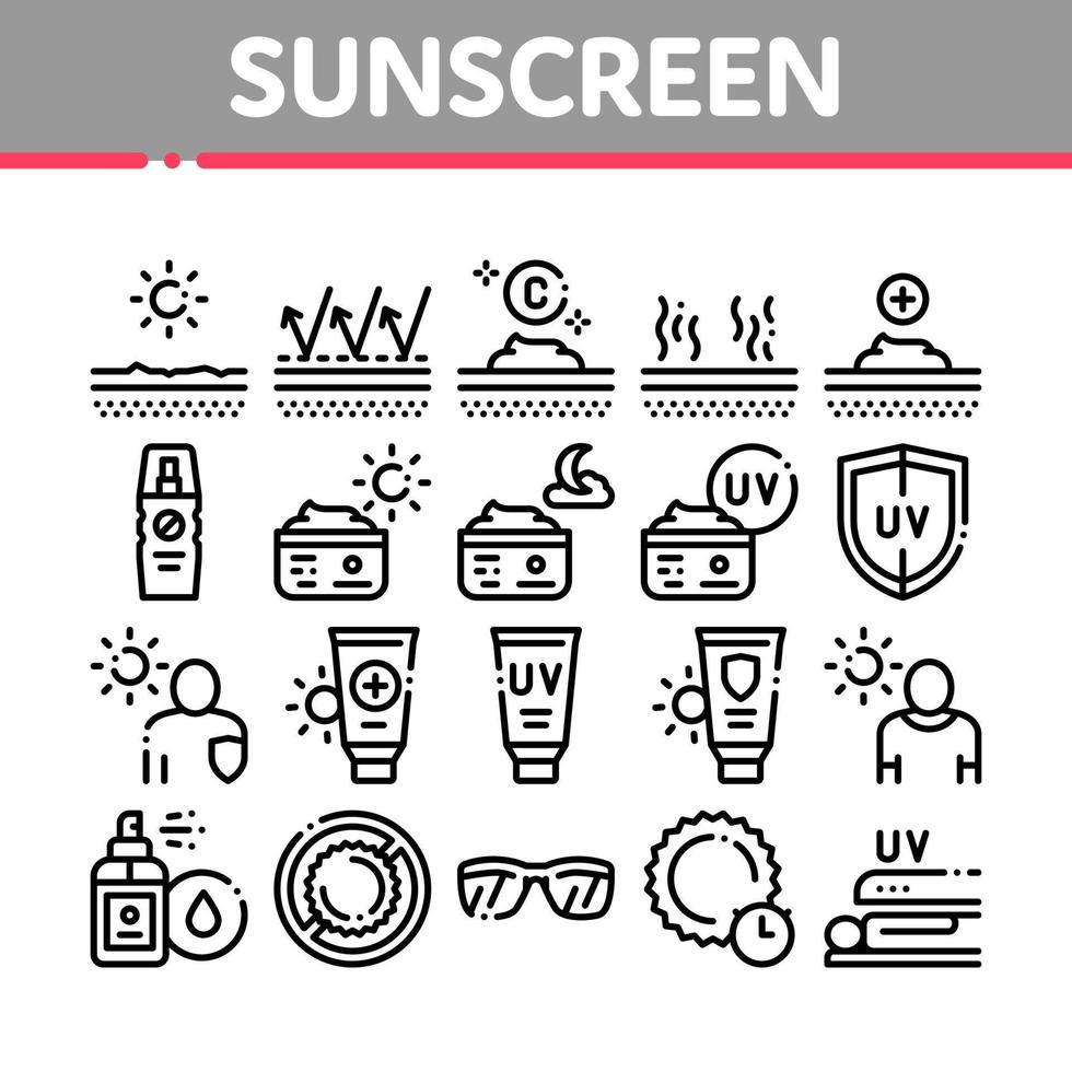 icônes d'éléments de collection de crème solaire set vector