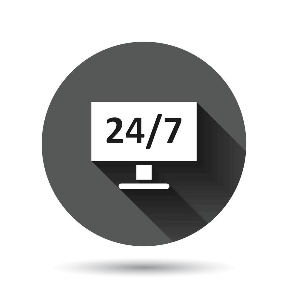 24 7 icône d'ordinateur dans un style plat. illustration vectorielle de service toute la journée sur fond rond noir avec effet d'ombre portée. soutenir le concept d'entreprise de bouton de cercle. vecteur