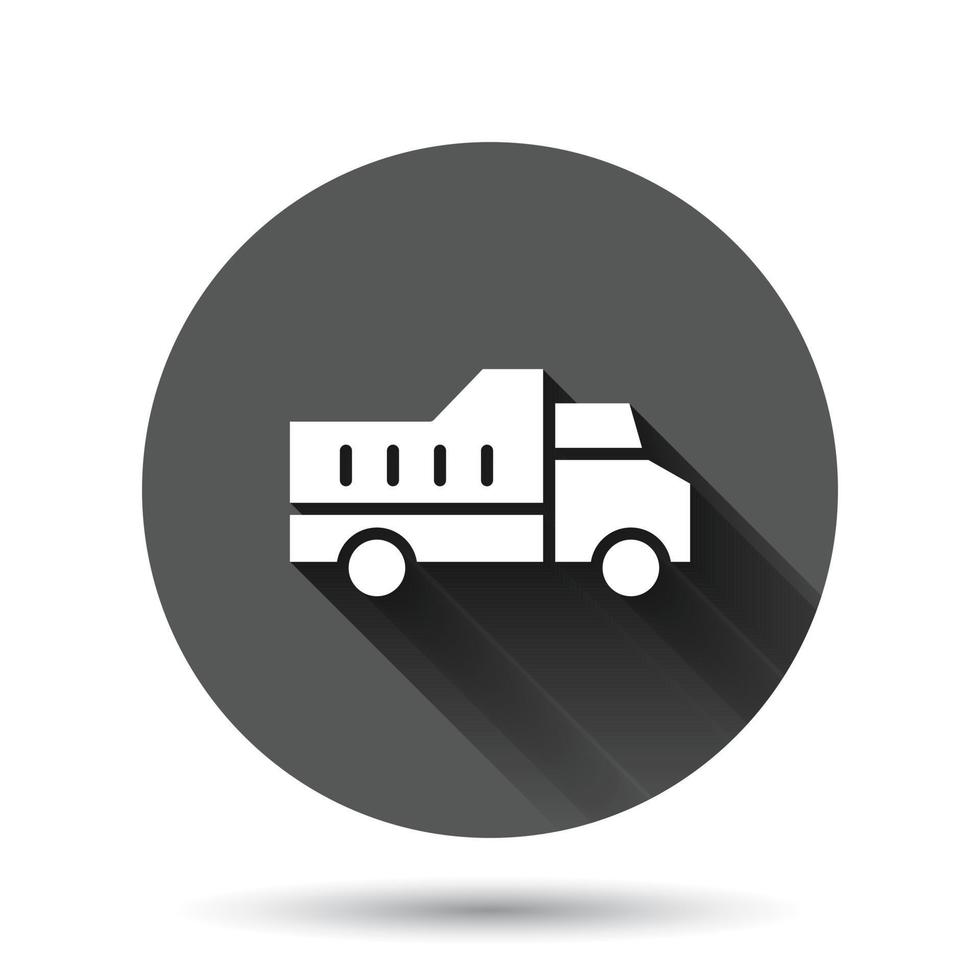 icône de camion de livraison dans un style plat. illustration vectorielle van sur fond rond noir avec effet d'ombre portée. concept d'entreprise de bouton de cercle de voiture de fret. vecteur