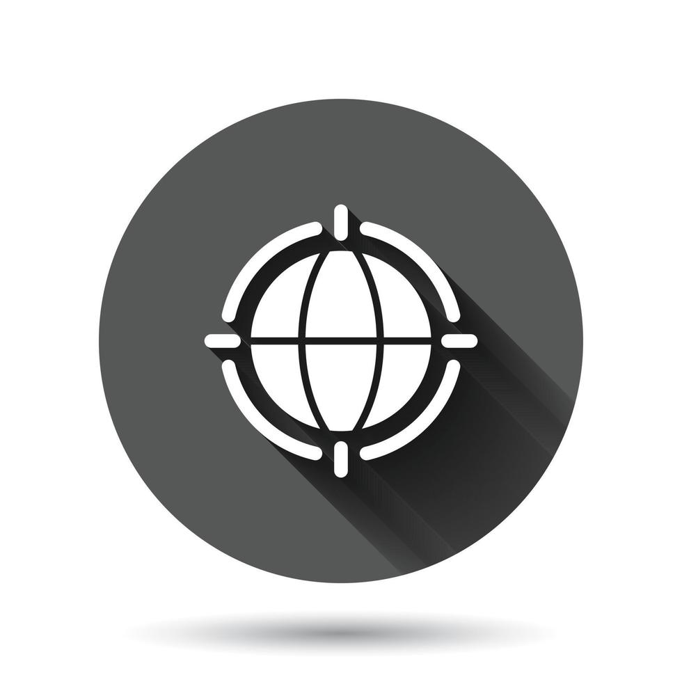 icône de la planète terre dans un style plat. illustration vectorielle géographique globe sur fond rond noir avec effet d'ombre portée. concept d'entreprise de bouton de cercle de communication globale. vecteur