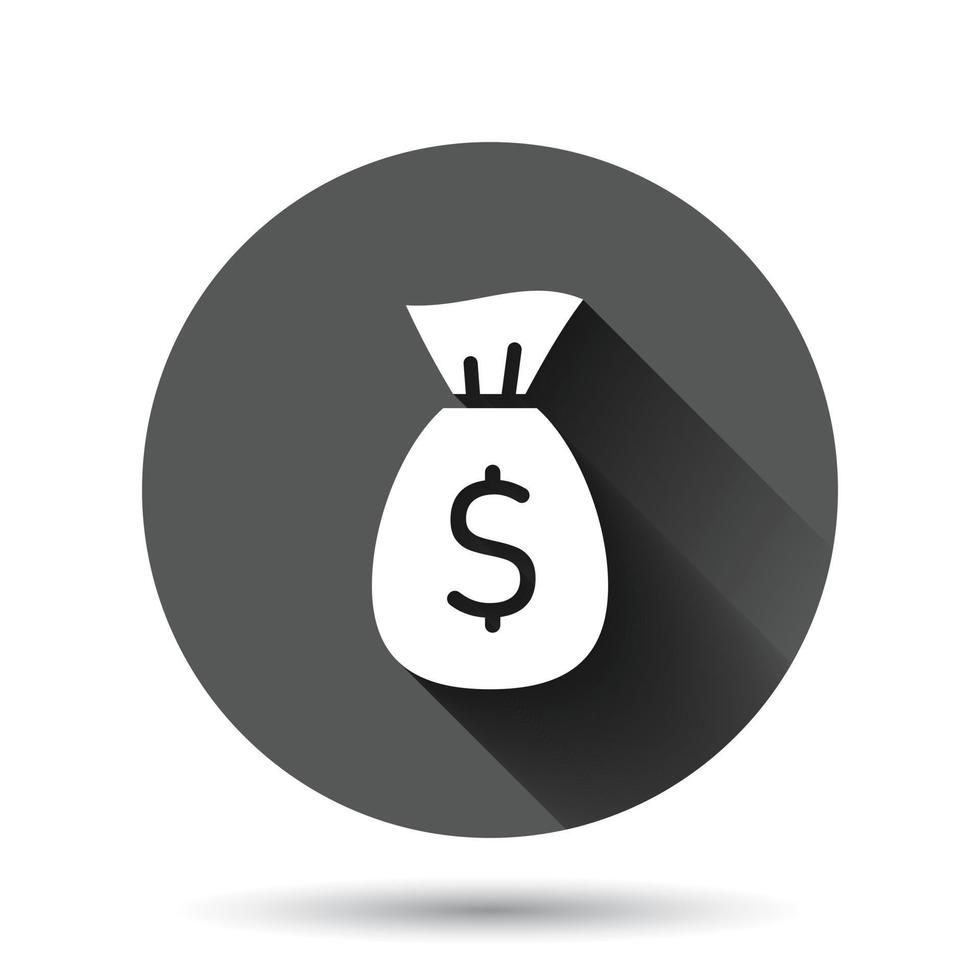 icône de sac d'argent dans un style plat. sac d'argent avec illustration vectorielle dollar sur fond rond noir avec effet d'ombre portée. concept d'entreprise de bouton de cercle de sac d'argent. vecteur