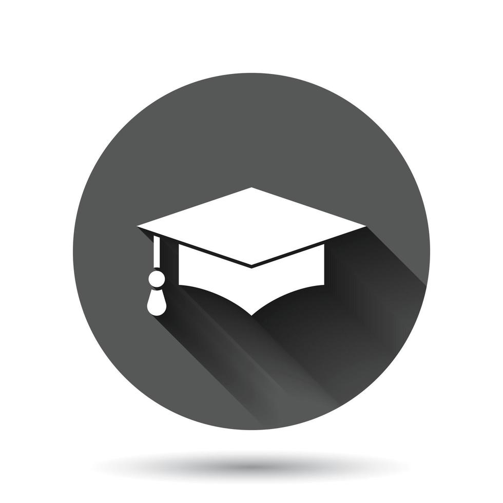 icône de chapeau de graduation dans un style plat. illustration vectorielle de cap étudiant sur fond rond noir avec effet d'ombre portée. concept d'entreprise bouton cercle universitaire. vecteur