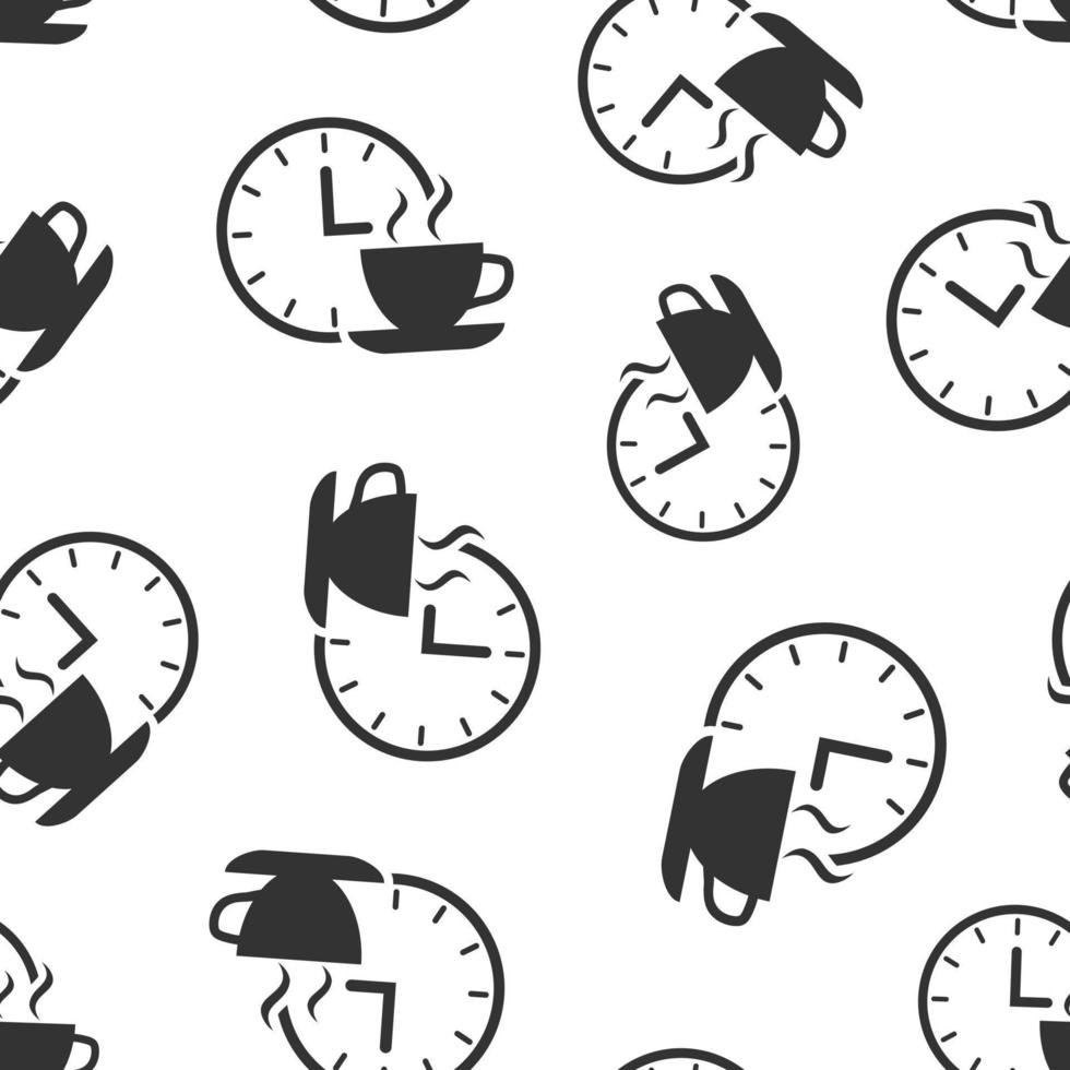 icône de pause café dans un style plat. horloge avec illustration vectorielle de tasse de thé sur fond isolé blanc. concept d'entreprise modèle sans couture de l'heure du petit déjeuner. vecteur