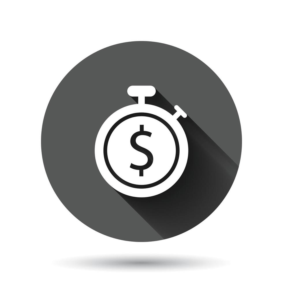 le temps est l'icône de l'argent dans un style plat. horloge avec illustration vectorielle dollar sur fond rond noir avec effet d'ombre portée. concept d'entreprise de bouton de cercle de devise. vecteur