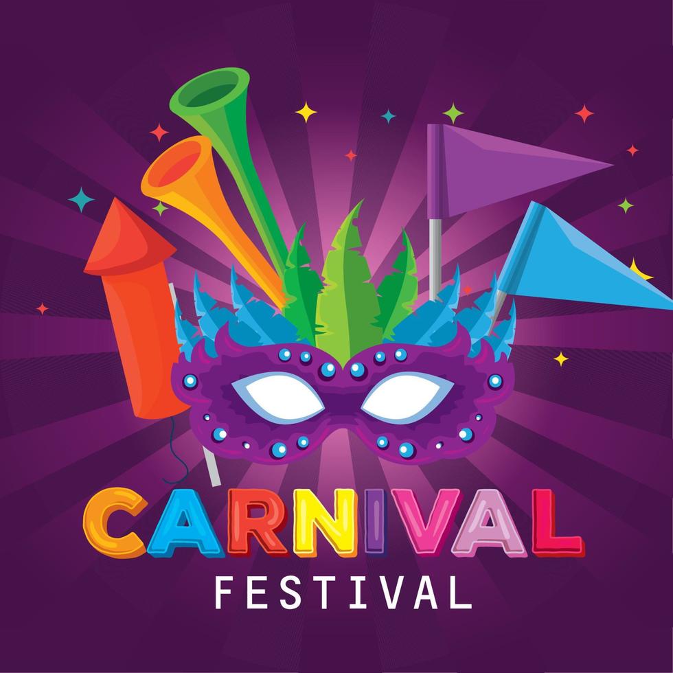 masque de carnaval avec décoration de plumes et de drapeaux avec trompette vecteur