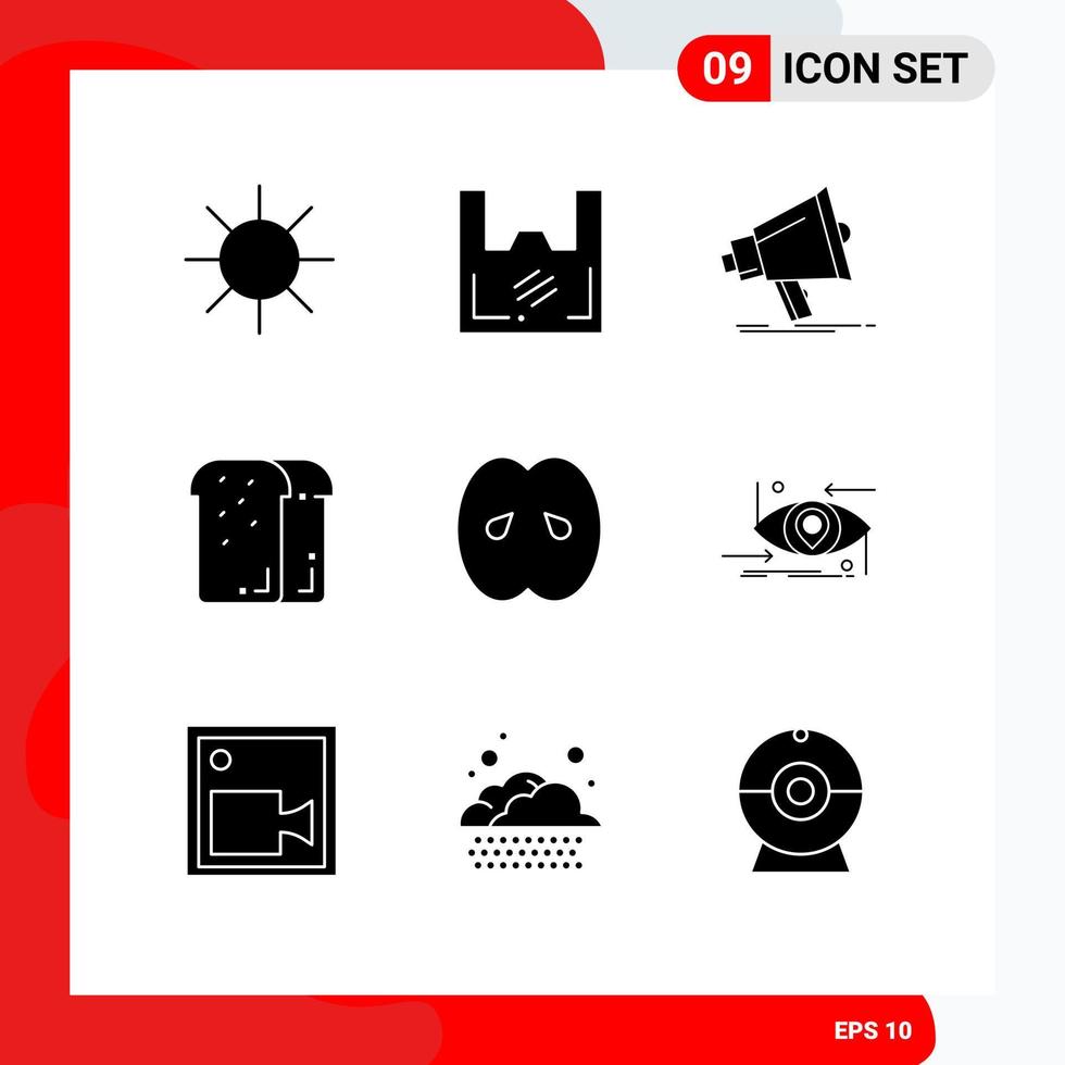 pack de 9 signes et symboles de glyphes solides modernes pour les supports d'impression Web tels que les éléments de conception vectoriels modifiables de mégaphone de dîner de mégaphone de nourriture de pain vecteur