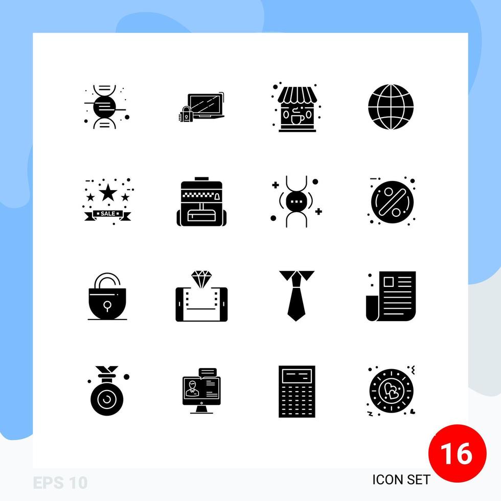 16 glyphes solides universels définis pour les applications web et mobiles vente étiquette commerce café noir vendredi globe éléments de conception vectoriels modifiables vecteur