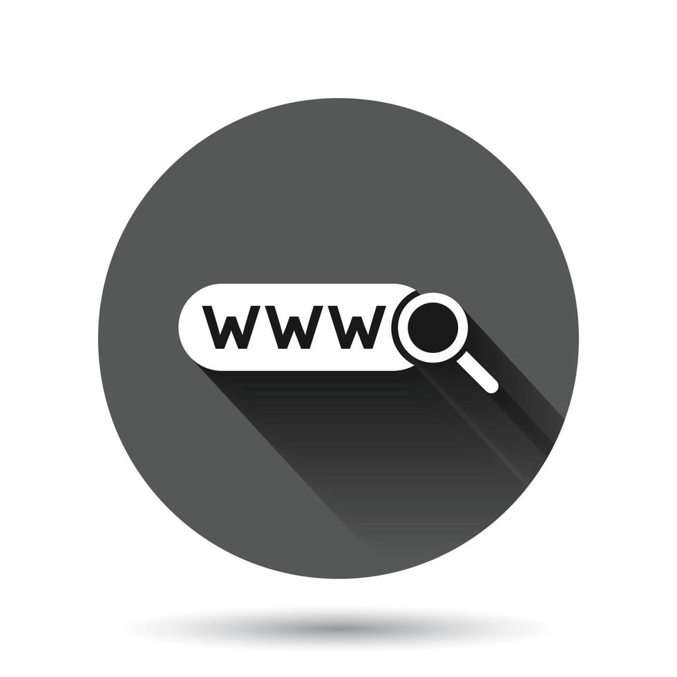 icône de recherche globale dans un style plat. illustration vectorielle d'adresse de site Web sur fond rond noir avec effet d'ombre portée. Concept d'entreprise de bouton de cercle de réseau www. vecteur