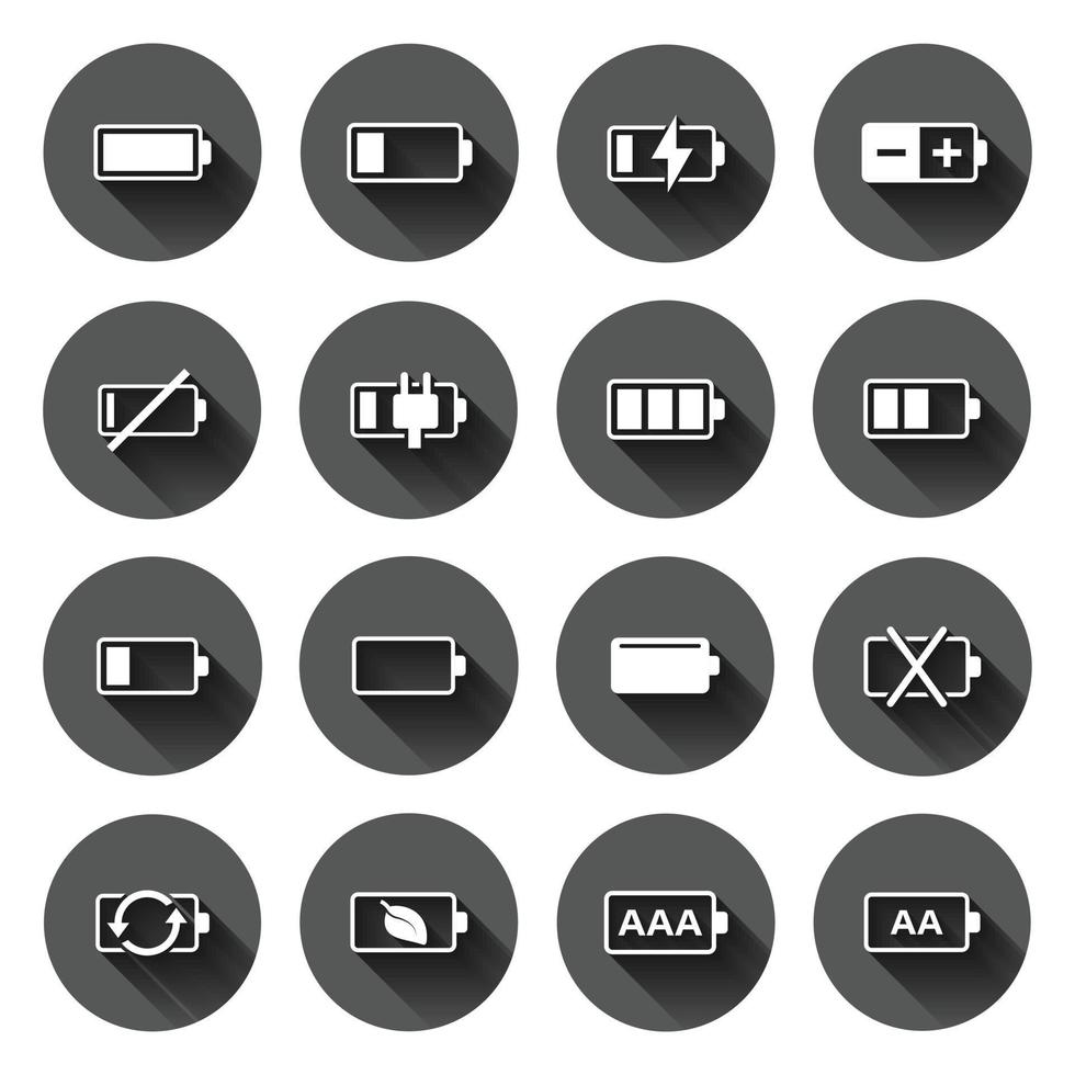 icône de charge de batterie définie dans un style plat. illustration vectorielle de niveau de puissance sur fond rond noir avec effet d'ombre portée. concept d'entreprise de bouton de cercle d'accumulateur au lithium. vecteur