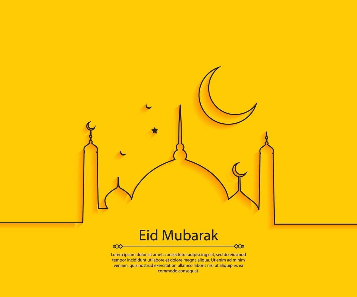 mosquée eid mubarak, étoile, lune dessin au trait jaune fond uni vecteur