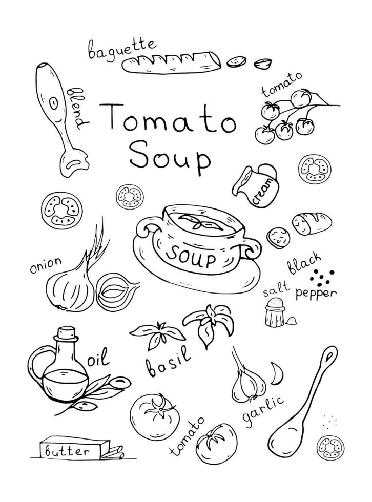 recette de soupe aux tomates doodle avec lettrage. illustration vectorielle. tomates, lettrage, huile d'olive, oignon vecteur