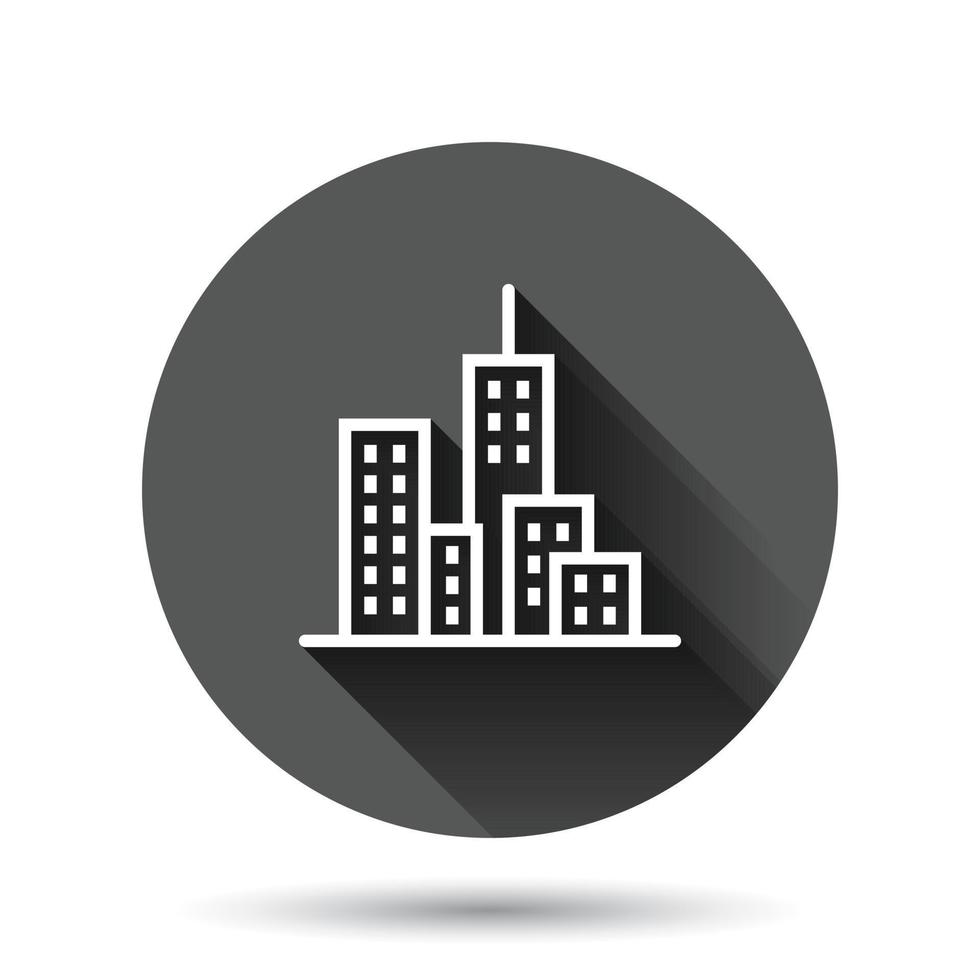 icône de bâtiment dans un style plat. ville gratte-ciel appartement illustration vectorielle sur fond rond noir avec effet d'ombre portée. concept d'entreprise de bouton de cercle de tour de ville. vecteur