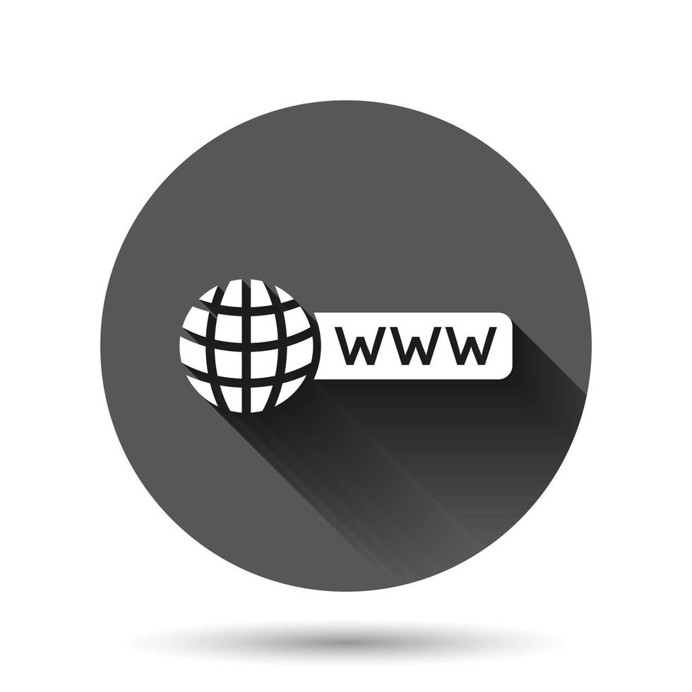 icône de recherche globale dans un style plat. illustration vectorielle d'adresse de site Web sur fond rond noir avec effet d'ombre portée. Concept d'entreprise de bouton de cercle de réseau www. vecteur