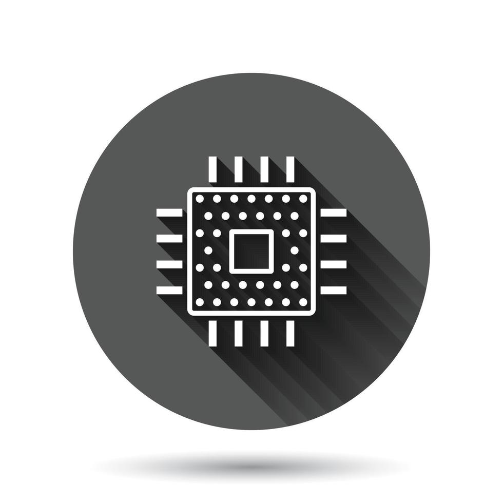 icône du processeur de l'ordinateur dans un style plat. illustration vectorielle de circuit imprimé sur fond rond noir avec effet d'ombre portée. concept d'entreprise de bouton de cercle de puce de carte mère. vecteur