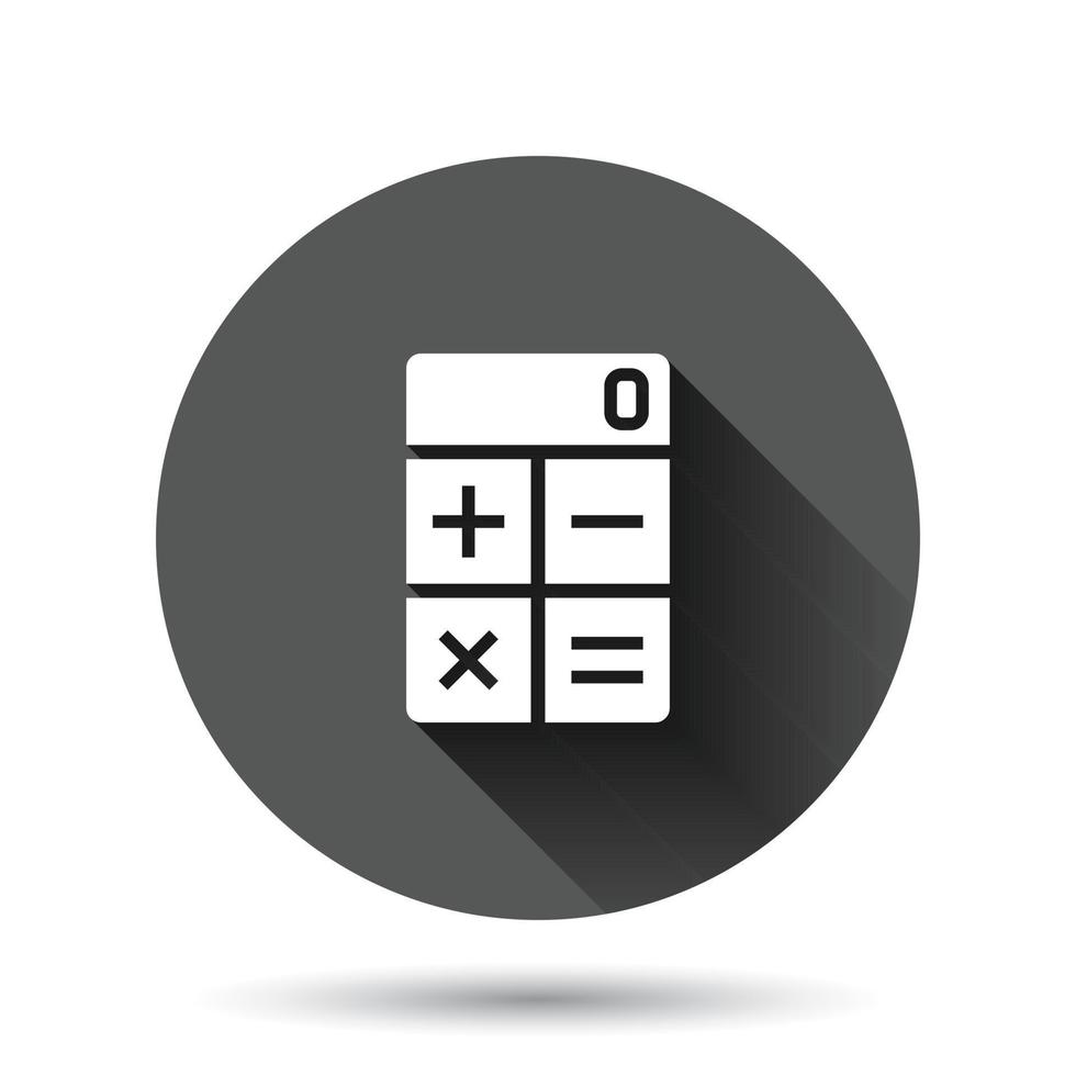 icône de la calculatrice dans un style plat. calculer l'illustration vectorielle sur fond rond noir avec effet d'ombre portée. concept d'entreprise de bouton de cercle de calcul. vecteur