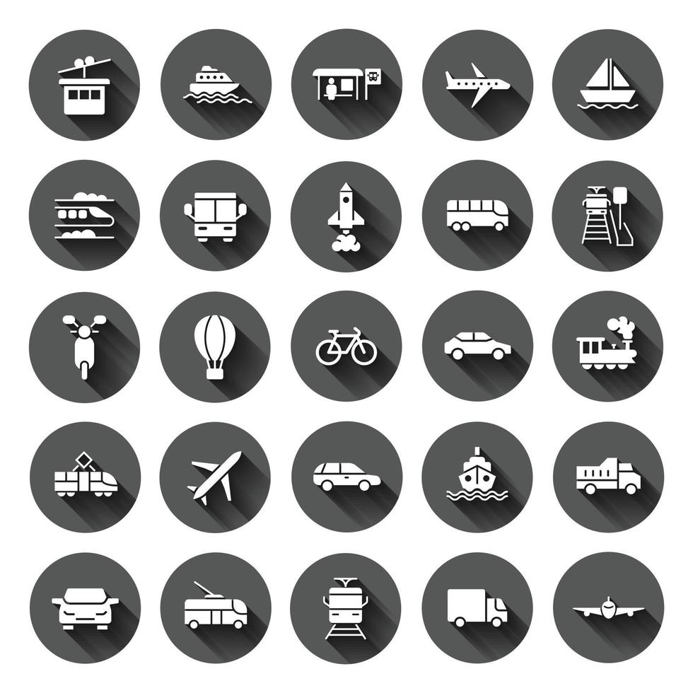 icône de transport définie dans un style plat. illustration de collection de vecteur de voiture sur fond rond noir avec effet d'ombre portée. concept d'entreprise de bouton de cercle de transport d'expédition.