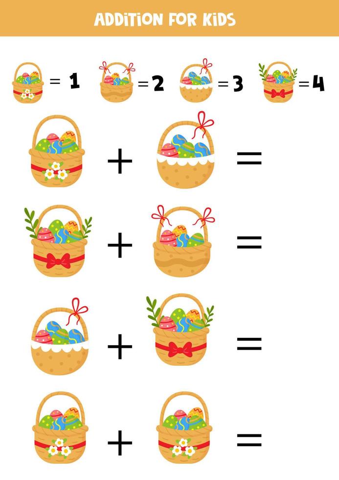 jeu d'addition avec différents paniers de Pâques. jeu de mathématiques éducatif pour les enfants d'âge préscolaire. vecteur