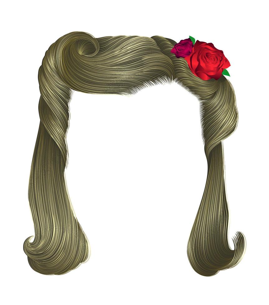 cheveux bouclés des femmes avec fleur.rose rouge. couleurs blondes. vecteur