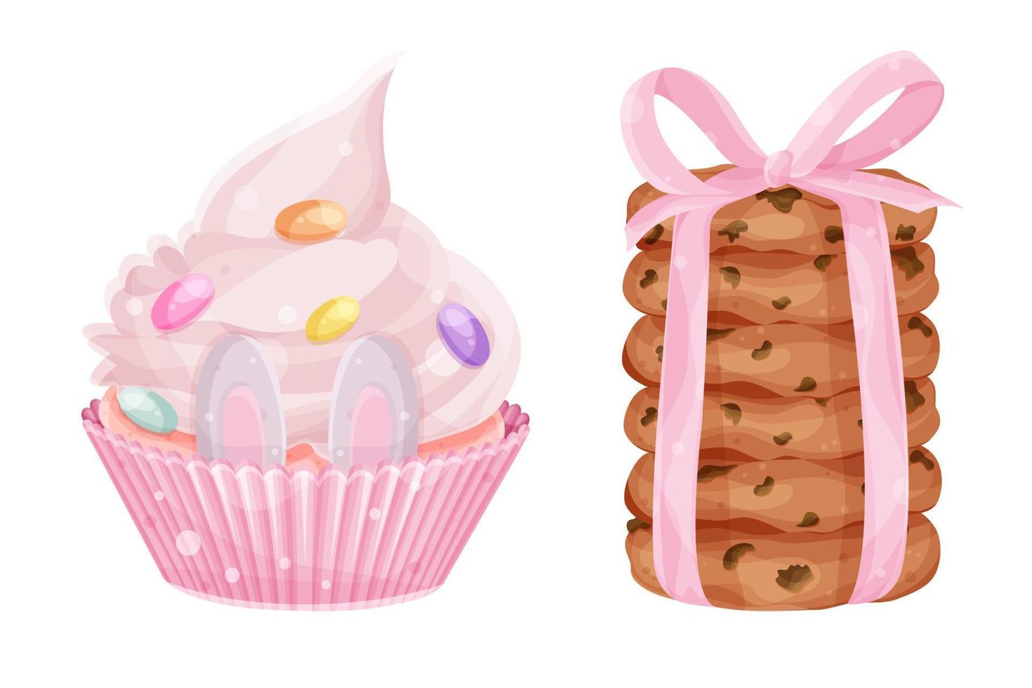 set vector cupcake de pâques mignon et pile de biscuits à l'avoine, oreilles de lapin, oeufs de pâques, pâtisseries festives