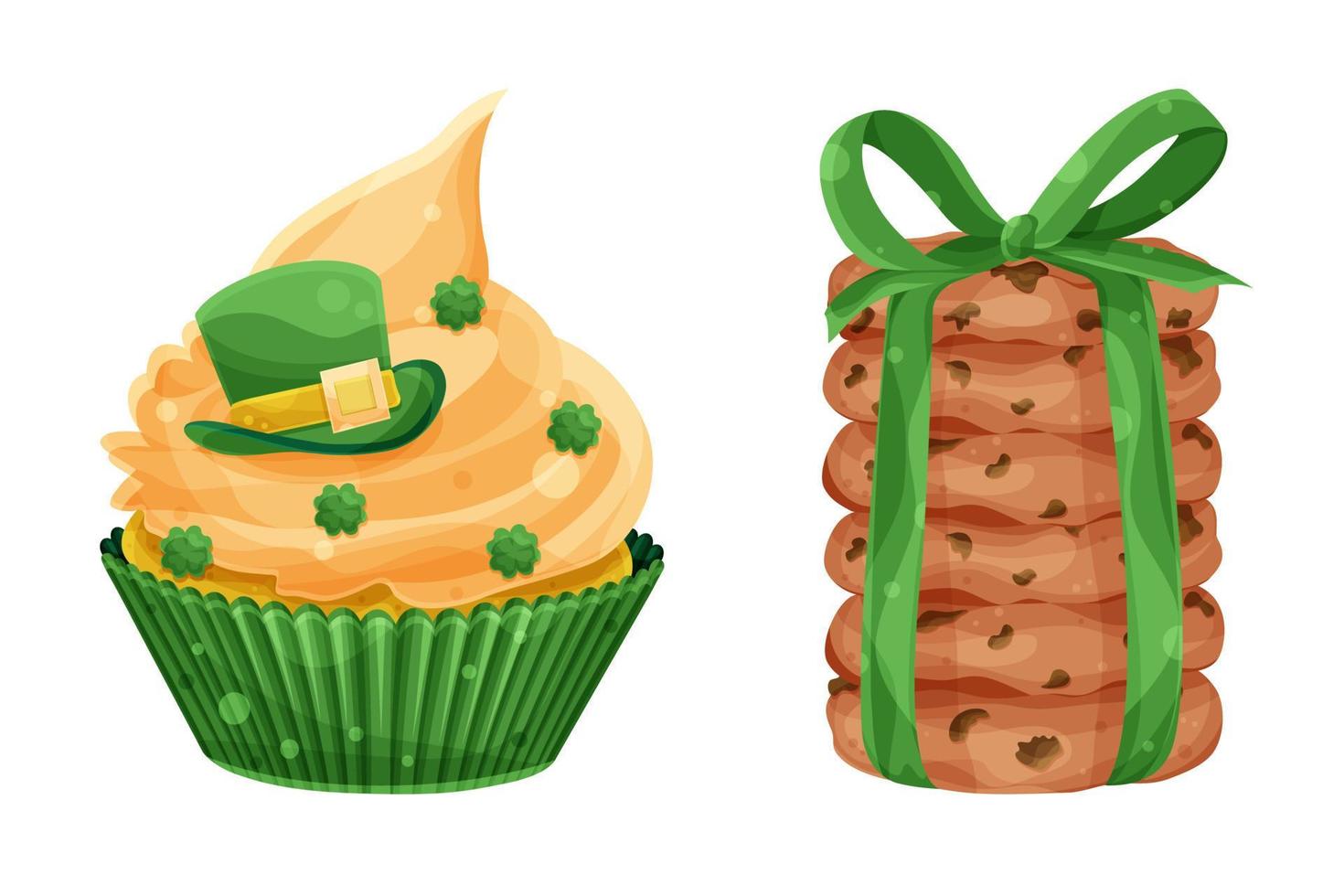 définir le vecteur lumineux st. cupcake patricks day et pile de biscuits à l'avoine, chapeau vert et trèfle, pâtisseries festives
